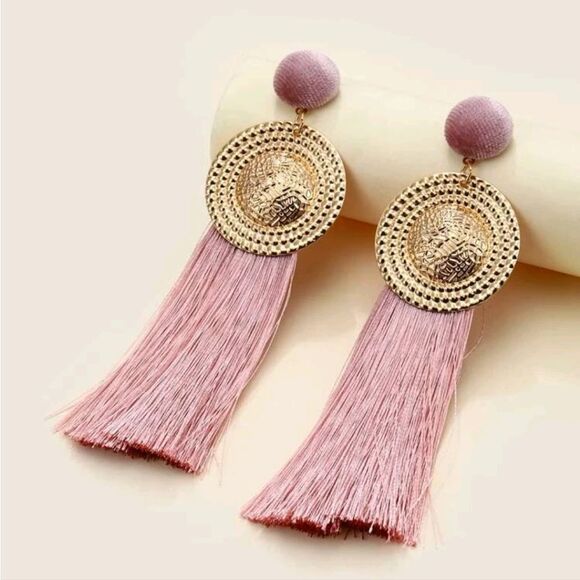 Gold earrings Womens pink oversized long boho tassel Fringe feminine 💖2/$30 - Picture 11 of 12